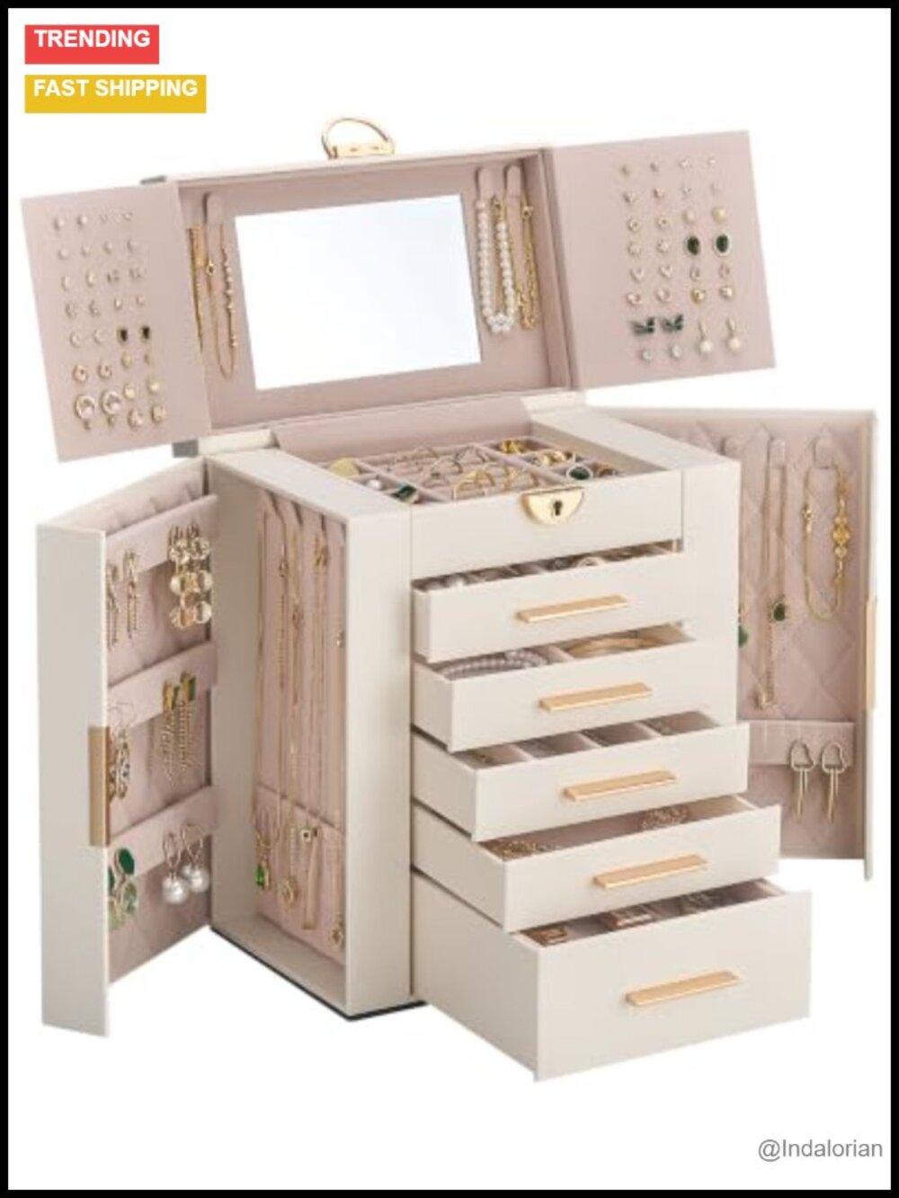 6-Layer PU Leather Jewelry Box Organizer with Mirror Lock 5 Drawers